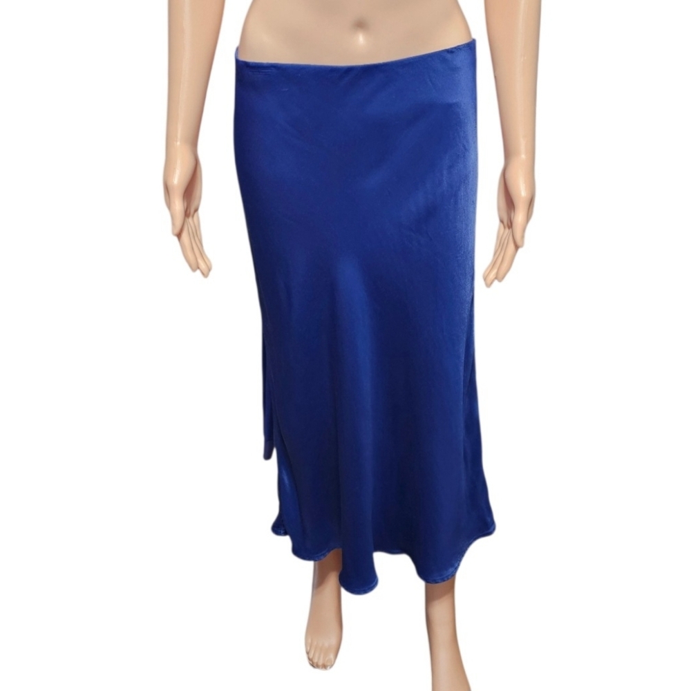 Anthropologie Tilda Satin Slip Blue Liquid Shine Minimalist  Midi Skirt Sz S